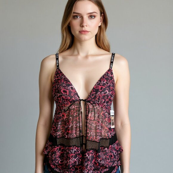 bebe Mesh Cami and Short Lingerie Sleepwear 2 Piece Set, Logo Print, X-Large - Picture 13 of 13